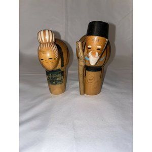 Vintage Old Man & Old Woman Wooden Japanese Kakashi Dolls Set of 2